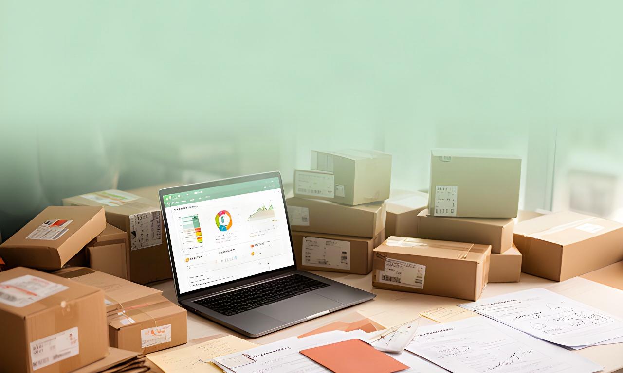 Veebikaupmees vaatab sülearvutis Shopify müügiandmeid, laual on tootepakendid ja kampaaniate märkmed